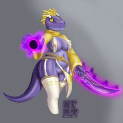 anthro argonian big_breasts blue_body blue_scales breast_curtains breasts clothed clothing female genitals hi_res holding_melee_weapon holding_object holding_sword holding_weapon legwear looking_at_viewer magic magic_user melee_weapon microsoft mostly_nude neatnick nipples_visible_through_clothing scales scalie skimpy solo spell standing stockings sword the_elder_scrolls voluptuous_female vulva weapon wide_hips yellow_eyes