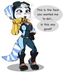 1girls 2020s 2021 ahe_gao ahegao_face anthro anthro_only belt black_eyebrows black_eyelashes black_glove black_goggles blue_bodysuit blue_clothing blue_eyes blue_fur blue_tail blush blush_lines bodysuit breasts camel_toe cameltoe clothing earrings english_text eyebrows eyelashes female female_only fur furry furry_only glove goggles goggles_on_head grey_belt grey_earrings hi_res insomniac_games knee_pads lombax open_eyes open_mouth png posing posing_for_the_viewer ratchet_and_clank:_rift_apart rivet_(ratchet_and_clank) shadow slopeiz speech_bubble standing sweat sweatdrop tail talking talking_to_viewer text tight_clothing tongue tongue_out waltdraws white_background white_hair