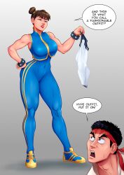 1boy 1girls abs athletic_female babyboombala big_ass big_breasts big_muscles bodysuit brown_eyes brown_hair capcom chun-li clothed dialogue gris_swimsuit large_ass large_breasts muscular_female red_lips ryu_(street_fighter) speech_bubble sports_uniform street_fighter street_fighter_alpha swimsuit text thick_thighs