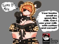 absurdres animal_ears anthro anthro_on_anthro black_hair comic english english_text face_in_breasts furry giant_panda high_res hoodie huge_breasts lactating lactation leopard_print male/female orange_hair panda panda_boy panda_ears panda_girl sex shortstack size_difference sniffing text text_bubble under_clothes