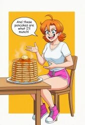 :d ahoge ai_generated blue_eyes breasts butter chair cheese cleavage clothing collarbone dolphin_shorts english_text female food freckles full_body green_eyes hair_between_eyes medium_breasts medium_hair nora_valkyrie open_mouth orange_background orange_hair pancake pancake_stack pink_footwear pink_shorts plate rwby shirt shoes short_hair short_shorts short_sleeves shorts sitting smile sneakers solo speech_bubble syrup t-shirt table teeth upper_teeth_only white_border white_shirt yellow_background