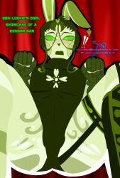 blush blushing_at_viewer bon_luckie_(oc) bottom_view bulge bulge_through_clothing bunny_ears femboy green_eyes green_hair green_skin legs legs_apart legs_spread leotard male male_only mrtechnical oc perspective perspective_from_below sitting straps thick_thighs twink uncensored