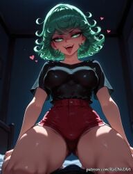 1boy 2026 ai_generated anime ass_visible_through_thighs assertive_female black_shirt breasts bulge cleavage covered_nipples cowgirl_position crossover curly_hair erection eye_contact female female_focus flipped_hair glowing glowing_eyes green_eyes green_hair green_nails heart highres indoors inside looking_at_viewer male medium_breasts moaning nail_polish naughty_face nsfw one-punch_man open_mouth patreon patreon_username pov red_shorts rognezart saliva shirt short_hair short_shorts short_sleeves shorts smile smiling solo solo_focus straddling straight tatsumaki thick_thighs thighs tongue tongue_out