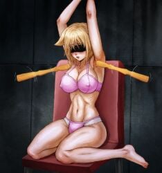 arms_up backscratcher bikini blindfold blonde_hair blush bondage bound bra breasts covered_eyes covered_nipples female highres large_breasts midriff navel non-web_source panties pink_bra pink_panties poking restrained seikon_no_qwaser short_hair sweat sweaty_armpits swimsuit teasing teresa_beria thick_thighs thighs tickle_torture tickling tickling_armpits underwear underwear_only very_sweaty