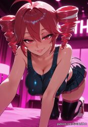 2026 ahoge ai_generated all_fours alternate_breast_size anime bare_shoulders bed black_skirt black_thighhighs breasts cleavage collarbone covered_nipples crossover drill_hair eye_contact female female_focus female_only hair_between_eyes highres huge_breasts indoors inside kasane_teto lamp large_breasts lips looking_at_viewer nsfw on_bed parted_lips patreon pleated_skirt red_eyes red_hair rognezart seductive_smile shoes skirt smile smiling sneakers solo tank_top thighhighs twin_drills twintails vocaloid