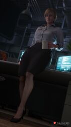 1girls big_ass big_breasts blonde_female blonde_hair breasts coffee_mug curvy curvy_figure from_below heels holding_cup hourglass_figure leaning_back leaning_on_table looking_at_viewer office office_clothing office_lady pale-skinned_female pale_skin resident_evil resident_evil_9:_requiem shairi3d sherry_birkin sherry_birkin_(bridgette_haze) short_hair sitting_on_table skirt slender_legs small_waist standing thick_ass thick_thighs tight_clothing