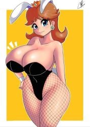 1girls 2019 alternate_breast_size animal_ears big_breast big_breasts bimbo black_leotard blue_eyes breasts brown_hair bunny_costume bunny_ears bunny_girl bunny_outfit bunny_tail bunnygirl bunnysuit busty clavicle cleavage clothed clothes clothing collarbone cowboy_shot crown earrings facing_viewer fake_animal_ears fake_tail female female_only female_solo fishnet fishnet_legwear fishnet_pantyhose fishnets flower_earrings large_breast large_breasts leotard light-skinned_female light_skin looking_at_viewer mario_(series) medium_hair nintendo pantyhose portrait princess princess_daisy rabbit_ears rabbit_girl rabbit_tail rivyk shiny shiny_skin shoulder_length_hair signature smile solo solo_female standing staring_at_viewer strapless strapless_leotard tail thick_thighs thighs three-quarter_portrait thunder_thighs video_game video_games white_border yellow_background