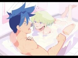 2boys androgynous ass bathing bathtub bedroom_eyes black_nails blush bob_cut embarrassed femboy feminine_male galo_thymos gay half-closed_eyes lio_fotia male nail_polish nervous promare seductive seductive_look shared_bathing short_hair size_difference suggestive_look sweat sweating twink yaoi