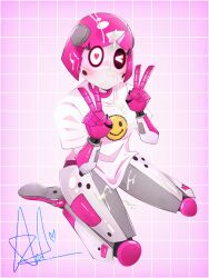 1girls 2_fingers android cum cum_on_body cum_on_breasts cum_on_face facial fanart kimchi kimchi_pdm kimchi_pelangi_di_mars pdm pelangi_di_mars pink_body red_eyes robot robot_girl sexy_pose t-shirt thick white_shirt