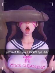 1boy 1girls 3d 3d_(artwork) ahegao balls big_areola big_penis brown_hair cant_see_the_haters cleavage crop_top d.va dark-skinned_male kittyyevil overwatch overwatch_2 penis_on_face penis_over_eyes pigtails school_uniform schoolgirl snapchat tagme text tits tongue_out twintails wet_clothes