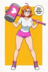 ahoge ai_generated blue_eyes blush breasts clothing collarbone dolphin_shorts english_text female full_body grin hair_between_eyes hammer holding holding_hammer holding_weapon horny_af720 huge_weapon large_breasts legs_apart looking_at_viewer nora_valkyrie orange_background orange_hair pink_footwear pink_shorts rwby shirt shoes short_hair short_shorts short_sleeves shorts simple_background smile sneakers solo speech_bubble standing t-shirt teeth two-tone_background war_hammer weapon white_border white_shirt yellow_background
