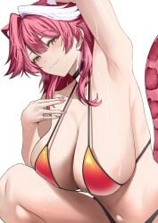 absurdres animal_ears arm_up armpits bikini black_choker blush breasts choker cleavage closed_mouth collarbone commentary extra_ears female gradient_bikini grey_background hair_intakes highres hololive hololive_english huge_breasts long_hair looking_at_viewer multicolored_hair navel oerba_yun_fang panther_ears panther_girl panther_tail pink_hair pink_tail raora_panthera red_bikini revision si_farid simple_background skin_fang smile solo stomach streaked_hair sweat swimsuit tail thighs two-tone_hair virtual_youtuber white_hair yellow_bikini yellow_eyes