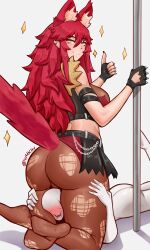 1boy 1girls 2d big_ass clothed_female dragon_girl ear_piercing erect_tail fully_clothed hands_on_thighs head_between_thighs head_crushing large_breasts light-skinned_female light_skin pantyhose piercing pointy_ears pole red_hair thick_thighs thumbs_up torn_legwear torn_pantyhose virtual_youtuber vshojo w4kih wolf_ears wolf_girl wolf_tail yellow_eyes zentreya