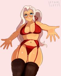 june_(squeezable) oc 1girls female plain_background c_starlett watermark 2026 smile open_arms white_hair blue_eyes glasses stockings red_bra lingerie lingerie_only blush smile_at_viewer looking_at_viewer looking_down mole_under_eye big_breasts standing adorable wholesome navel thick_thighs red_hair_ribbon shiny_skin white_eyebrows pink_lipstick