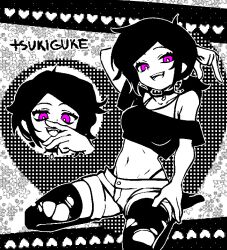ashley_graves black_hair black_thighhighs choker clothing_request female kneeling navel pink_eyes the_coffin_of_andy_and_leyley thighhighs tongue tongue_out torn_clothes torn_thighhighs tsukiguke