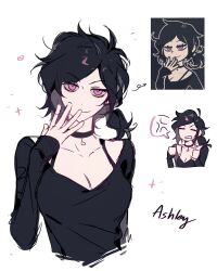 absurdres anger_vein antenna_hair arm_at_side arrow_(symbol) ashley_graves black_choker black_hair black_shirt bra_strap breasts bright_pupils choker cleavage clenched_teeth closed_mouth collarbone commentary cropped_torso female finger_to_mouth hand_up hands_up highres huachajiangqwq long_sleeves looking_at_viewer low_side_ponytail medium_breasts medium_hair multiple_views o-ring o-ring_choker official_art_inset pink_eyes reference_inset shirt side_ponytail simple_background skinny sleeves_past_wrists smile spoken_anger_vein teeth the_coffin_of_andy_and_leyley untranslatable_commentary v-neck v-shaped_eyebrows white_background white_pupils