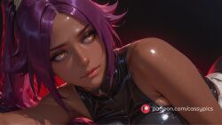 adult ai_generated anime anime_girl arched_back bare_shoulders bleach bodysuit breasts close-up dark-skinned_female dark_skin female female_only firm_breasts fit fit_female latex laying_on_stomach looking_away ponytail portrait purple_hair shihouin_yoruichi slender_body slim_waist squeezing tan_body thick_thighs wide_hips yellow_eyes