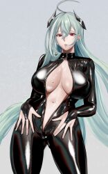 absurdres ahoge black_bodysuit bodysuit breasts bridal_gauntlets female gcg girls'_frontline headgear highres large_breasts latex latex_bodysuit light_green_hair long_hair ltlx_7000_(girls'_frontline) mole mole_on_breast navel red_eyes shiny shiny_skin solo very_long_hair