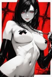 1girls ai_generated black_hair chain_leash chains female female_only final_fantasy final_fantasy_vii leash leash_and_collar long_hair nipple_tape red_eyes tagme taped_nipples tifa_lockhart