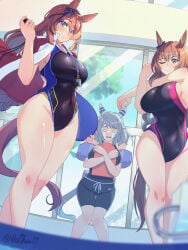 3girls breasts brown_hair female grey_hair hair long_hair maruzensky_(umamusume) super_creek_(umamusume) swimsuit umamusume wide_hips