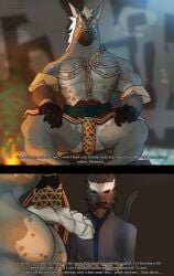 anthro armwear ass bondage bottomwear bound braided_hair braided_ponytail bridle clothing demon drstrangeluvve duo equid equine gloves hair handwear haplorhine hi_res horn horse horse_guai loincloth male male/male mammal mask monkey ponytail primate restraints rope rope_bondage rope_harness undressing wukong