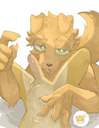 2026 2boys 5_fingers anthro armwear bedroom_eyes black_nose blonde_eyebrows blush bodily_fluids body_blush claws clothing countershading crowl_(regcron) cutaway duo elbow_gloves emanata erection eyebrows facial_tuft finger_claws fingers first_person_view floppy_ears fluffy fluffy_tail foreskin fur genital_fluids genitals gloves green_eyes hand_on_belly handwear hi_res humanoid_genitalia humanoid_penis looking_at_viewer lying male male/male multicolored_body multicolored_fur narrowed_eyes nude_anthro nude_male on_back penis penis_blush precum precum_string regcron seductive size_difference speech_bubble spread_legs spreading tail tan_body tan_eyebrows tan_fur tan_penis tuft two_tone_body two_tone_fur william_(regcron) yellow_body yellow_fur