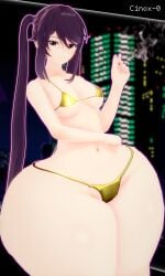 cinox-0 koikatsu 3d va-11_hall-a julianne_stingray golden_bikini golden_week smoking purple_hair red_eyes short_hair twintails 1girls female female_only female_focus sidelocks small_breasts breasts wide_hips hips bottom_heavy thick_thighs thighs ass large_ass huge_ass front_view