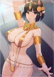 1girls 2021 absurdres animal_ears areola_slip areolae armbands armlet bikini bracelet breasts cameltoe egyptian_clothes extra_ears female female_focus female_only gold gold_(metal) gold_bikini gold_jewelry gold_swimsuit golden_bikini heart heart_in_eye highres jewelry large_breasts lots_of_jewelry navel original pointy_ears red_eyes shiny_swimsuit slingshot_swimsuit solo solo_female swimsuit symbol_in_eye toro_zai usekh_collar yellow_swimsuit