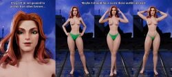 1girls 3d 4koma alternate_costume barefoot bikini_bottom bikini_bottom_only breasts confident english_text female female_only g-string g-string_only green_eyes green_panties hands_behind_head hands_on_hips jean_grey looking_at_viewer marvel marvel_rivals modeling nipples panties panties_only phoenix_(marvel_rivals) phoenix_(x-men) red_hair red_hair_female revealing_outfit solo_female talking_to_viewer thong thong_panties topless topless_female trying_on_clothes x-men
