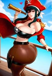 yor_briar yor_forger spy_x_family light-skinned_female light_skin 1girls 1girl solo solo_female female_only curvy curvy_figure curvaceous curvy_female curvy_body curvaceous_figure curvaceous_female voluptuous voluptuous_female long_hair black_hair red_eyes hi_res highres ai_generated ai-created stable_diffusion dreamcoreart teasing teasing_viewer huge_breasts huge_ass large_breasts venus_body slender_waist busty pirate outdoors seaside ocean ocean_background