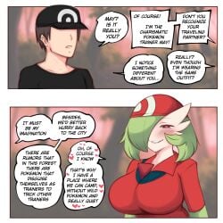 1boy 1girls 2022 anthro bandana biting_lip blurry_background blush breasts chest_spike comic_page cosplay cosplay_gardevoir dialogue english_text faceless_male female female_pokemon forest gardevoir green_hair hair_over_one_eye huge_breasts male may_(pokemon)_(cosplay) mistaken_identity naughty_face nintendo oblivious outfit_swap pokémon_(species) pokemon pokemon_(species) red_bandana red_eyes red_topwear saltyxodium short_hair suggestive_look text tight_clothing tight_fit white_body white_skin