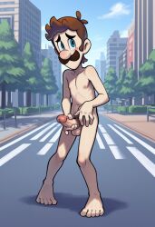 1boy ai_generated balls blue_eyes brown_hair city city_background embarrassed embarrassed_expression erection facial_hair feet full_body genitals grabbing_penis hand_on_penis light-skinned_male light_skin looking_at_viewer luigi male male_nipples male_only mario_(series) mature mature_male nintendo nipples nude nude_male outdoors penis short_hair solo solo_focus solo_male street testicles trees