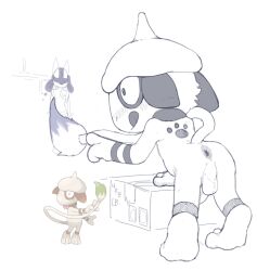 anthro anus backsack balls bent_over biped blush box brush_tail container digital_drawing_(artwork) digital_media_(artwork) fur fur_tuft generation_2_pokemon generation_4_pokemon genitals head_tuft leaning leaning_forward licking licking_lips looking_at_object lucario male nintendo painting_(object) plantigrade pokemon pokemon_(species) pokopokarea rear_view reference_image simple_background smeargle solo tail tail_tuft three-quarter_view tongue tongue_out tuft white_background