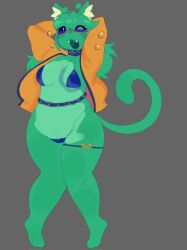 :3 belt blue_bikini cat_ears cat_tail green_body orange_jacket small_breasts sunglasses