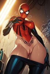 1girls ai_generated female female_only flashing flashing_pussy marvel mask masked masked_female mayday_parker pubic_tattoo solo spider-girl spider-man_(series) superhero superheroine tagme tattoo undressing