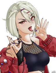 blonde_hair blue_fingernails breasts girls'_frontline leather_jacket mask piercing red_eyes sharp_teeth snake_tattoo sr-2_(girls'_frontline) suggestive_pose tattoo tongue_out xxpulp