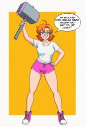 aged_up ahoge ai_generated arm_up artist_name blue_eyes breasts clothing collarbone dolphin_shorts drawstring english_text female full_body grin hair_between_eyes hammer hand_on_own_hip holding holding_hammer holding_weapon legs_apart looking_at_viewer medium_breasts nora_valkyrie orange_background orange_hair pink_footwear pink_shorts rwby shirt shoes short_hair short_shorts short_sleeves shorts simple_background smile sneakers solo speech_bubble standing t-shirt teeth weapon web_address white_border white_shirt yellow_background