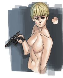 attack_on_titan blonde_hair bowl_cut breasts firearm frown gun mayikillu nude short_hair tall tall_female very_short_hair yelena_(attack_on_titan)