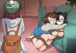 3girls abducted black_hair bondage bound breasts brown_hair closed_eyes clothed clothed_female clothed_female_nude_female couch female female_only femdom femsub forced_yuri gag gagged gloria_(pokemon) hug imminent_rape kidnapped marnie_(pokemon) mother_(pokemon_ss) multiple_girls naked nintendo nipples non-consensual nude nude_female one_eye_closed over_the_nose_gag pokemon pokemon_ss punksamurai red_hair restrained rope rope_bondage tied_up wince yuri