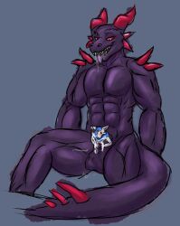 abs animal_genitalia anthro anthro_pred bodily_fluids canid canine canis cogo cogo_(artist) devourer_(razor_koopa) dragon dripping extreme_size_difference fangs genitals goo_creature goo_dragon goo_drip horn larger_anthro larger_male larger_pred male male_pred mammal muscular muscular_anthro muscular_male mythological_creature mythological_scalie mythology pecs purple_body purple_flesh red_eyes scalie sharp_teeth sheath sheath_vore size_difference slime soft_vore spiked_tail spikes spikes_(anatomy) tail teeth tongue tongue_out vore willing_pred wolf