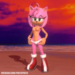 3d amy_rose beach beach_background bottomless breasts cute female furry_female looking_at_viewer medium_breasts pink_fur pink_hair pulling_down_pants sexy solo sonic_(series) sonic_the_hedgehog_(series) sunset topless