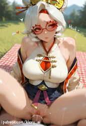 1boy 1girls ai_generated bare_shoulders big_ass big_breasts blush breasts cleavage clothes clothing collarbone cowgirl_position cum cum_in_pussy cum_inside dress eyeshadow female glasses hair_ornament hair_stick klexyai large_breasts looking_at_viewer makeup penis penis_in_pussy purah purah_(tears_of_the_kingdom) pussy red-framed_eyewear red_eyes red_eyeshadow round_eyewear sex sheikah smile solo_focus straddling straight sweat tears_of_the_kingdom the_legend_of_zelda uncensored vaginal_penetration white_hair