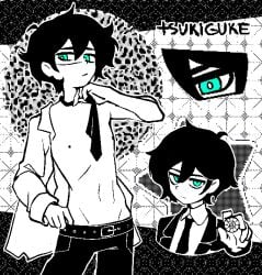 1boy ahoge alternate_costume andrew_graves aqua_eyes artist_name belt bright_pupils closed_mouth collared_shirt commentary cowboy_shot cropped_shoulders double-parted_bangs english_commentary expressionless greyscale groin hair_between_eyes hand_on_own_chin hand_on_own_hip hand_up high_contrast highres holding jacket jaggy_lines jitome lapels letterboxed long_sleeves looking_at_viewer male_focus monochrome multiple_views navel necktie nipples notched_lapels open_clothes open_jacket open_shirt outline outside_border patterned_background pulling_own_clothes raised_inner_eyebrows shirt short_hair sideways_glance simple_background skinny spot_color standing studded_belt the_coffin_of_andy_and_leyley tsukiguke white_background