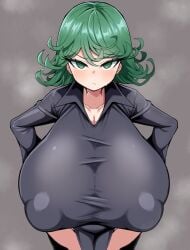 1girls alternate_breast_size angry_face bare_legs black_dress blush breasts cleavage detritus dress duvet208 female female_only green_eyes green_hair huge_breasts light-skinned_female light_skin looking_at_viewer nipple_bulge nipples_visible_through_clothing no_panties one-punch_man shortstack solo tatsumaki thick_thighs