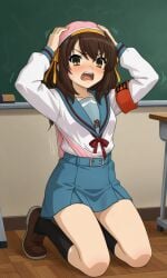 suzumiya_haruhi_no_yuuutsu suzumiya_haruhi pink_panties panties_on_head wedgie brown_hair blush ai_generated hands_on_head