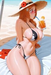ai_generated anijunai bikini black_bikini bleach breasts brown_hair drinking female female_focus heart-shaped_glasses inoue_orihime legs_together long_hair multicolored_bikini shiny_skin sideboob solo straw sunglasses swimsuit thighs thong_bikini tinted_eyewear two-tone_bikini white_bikini wide_hips