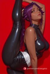 adult ai_generated anime anime_girl bare_shoulders bleach breasts dark-skinned_female dark_skin female female_only firm_breasts fit fit_female gymnastics latex leg_up looking_at_viewer ponytail purple_hair shihouin_yoruichi slender_body slim_waist tan_body thick_thighs vertical_splits wide_hips yellow_eyes