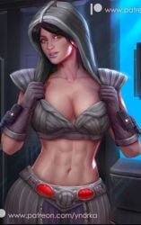 abs big_breasts bra breasts compression_artifacts dark_hair dark_side female gloves hood jaesa_willsaam looking_at_viewer nude revealing_clothes sith sith_apprentice smiling star_wars star_wars:_the_old_republic text yellow_eyes ynorka