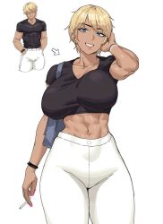 abs artist_request blonde_hair blue_eyes cigarette dark-skinned_female genderswap genderswap_(mtf) midriff muscular_female obscured_eyes purse rule_63 source_request tagme