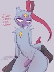 anthro blush bodily_fluids claws dialogue digital_media english_text femboy fur furry furry_only genital_fluids genitals male male_only marshmallow-ears nintendo nude open_mouth penis pokémon_(species) pokemon pokemon_legends:_arceus simple_background sneasler solo spoiler text video_games